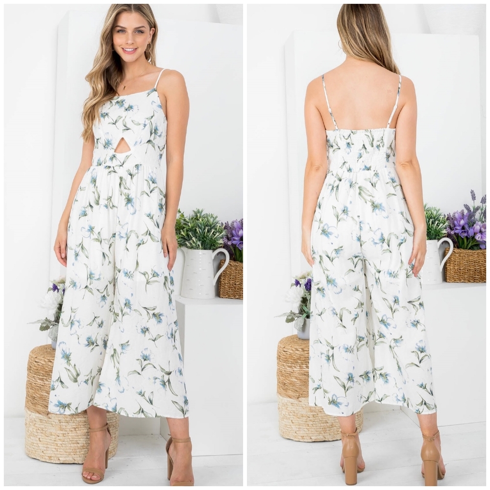 DOE & RAE White Floral Peek-A-Boo Cut Out Wide Leg Jumpsuit - Picture 5 of 9
